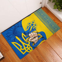 Personalized rubber doormat with blue and yellow folk pattern, trident and praying hands