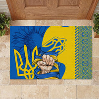 Rubber doormat with blue and yellow folk design panel, trident symbol and praying hands