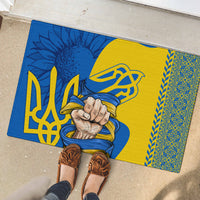 Rubber doormat with blue and yellow trident and praying hands illustration, patterned border