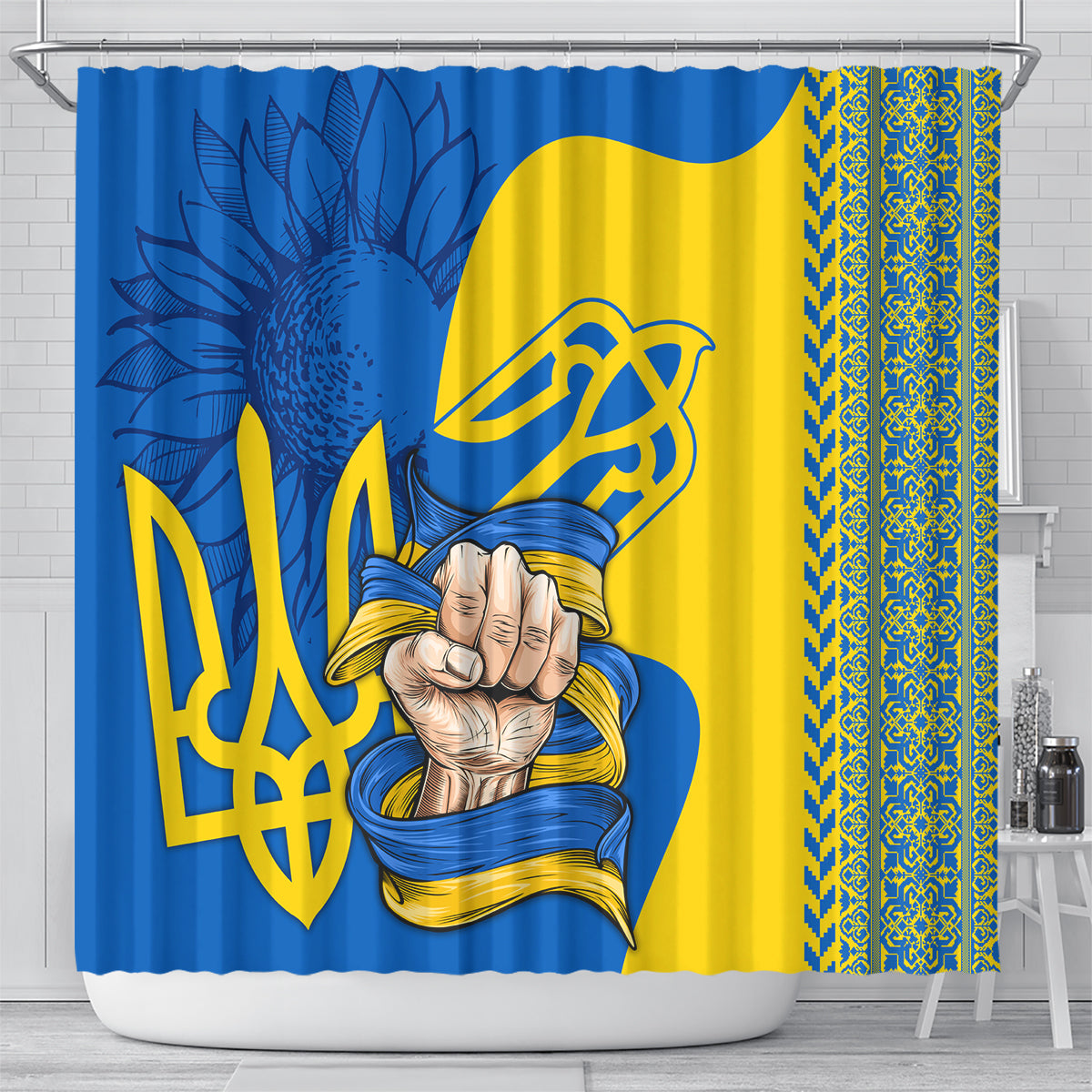 Ukrainian shower curtain showing large trident emblem over blue and yellow panels