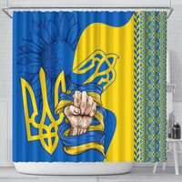Ukrainian shower curtain showing large trident emblem over blue and yellow panels