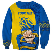 Unisex blue & gold sweatshirt, back graphic with your text, trident and hand