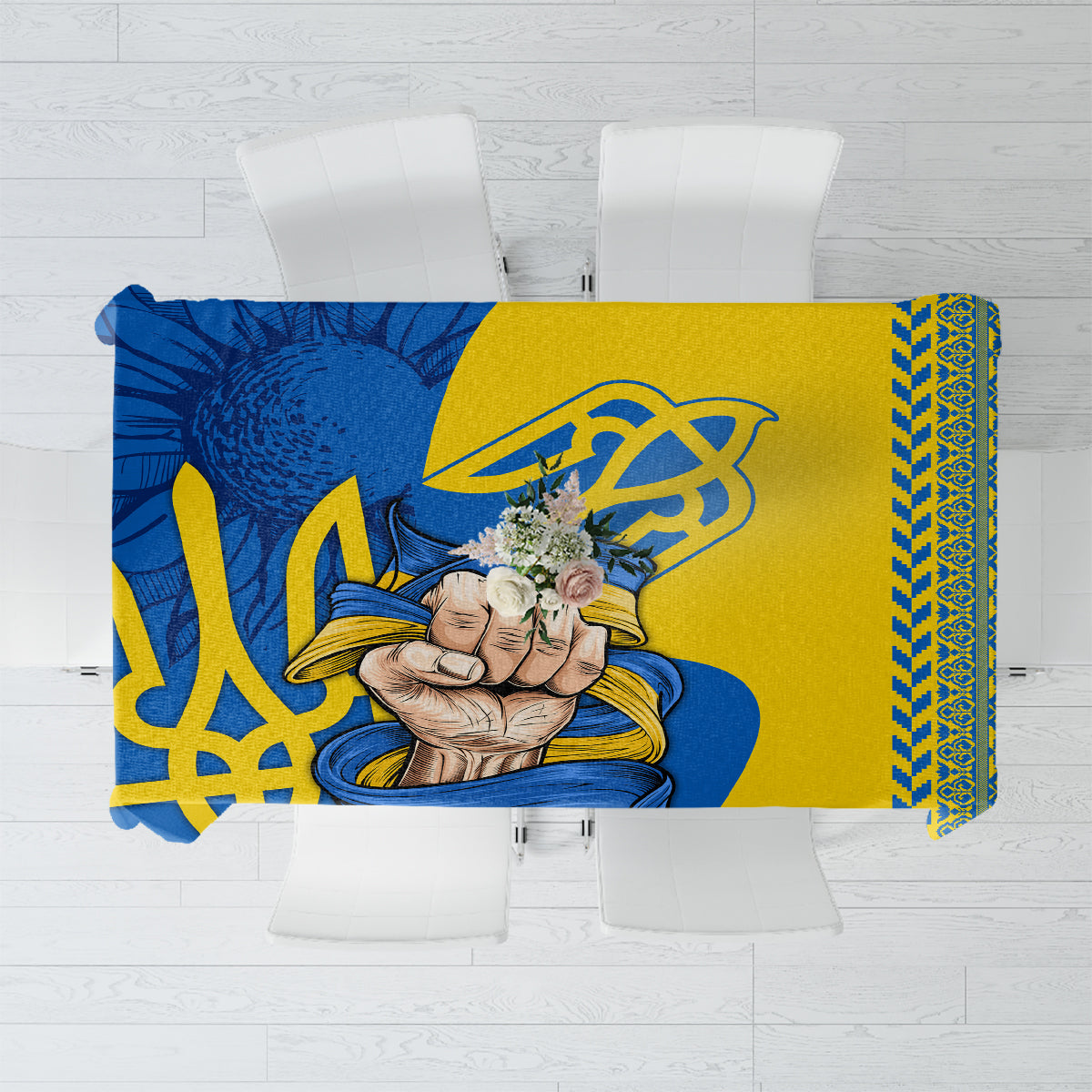 Square tablecloth with blue and gold folk pattern and decorative border print