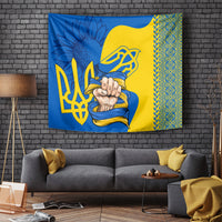 Ukrainian folk tapestry hanging on wall in blue and gold with ornate gold border