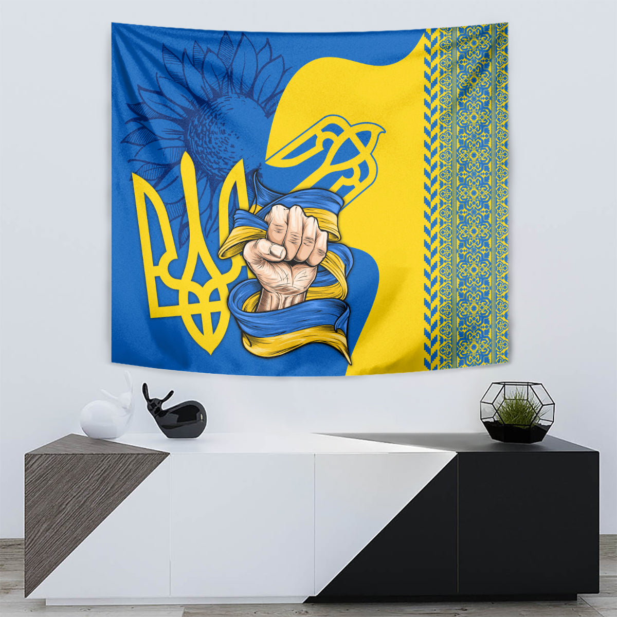 Blue and gold Ukrainian folk tapestry with gold patterned edge and central trident