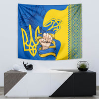 Blue and gold Ukrainian folk tapestry with gold patterned edge and central trident