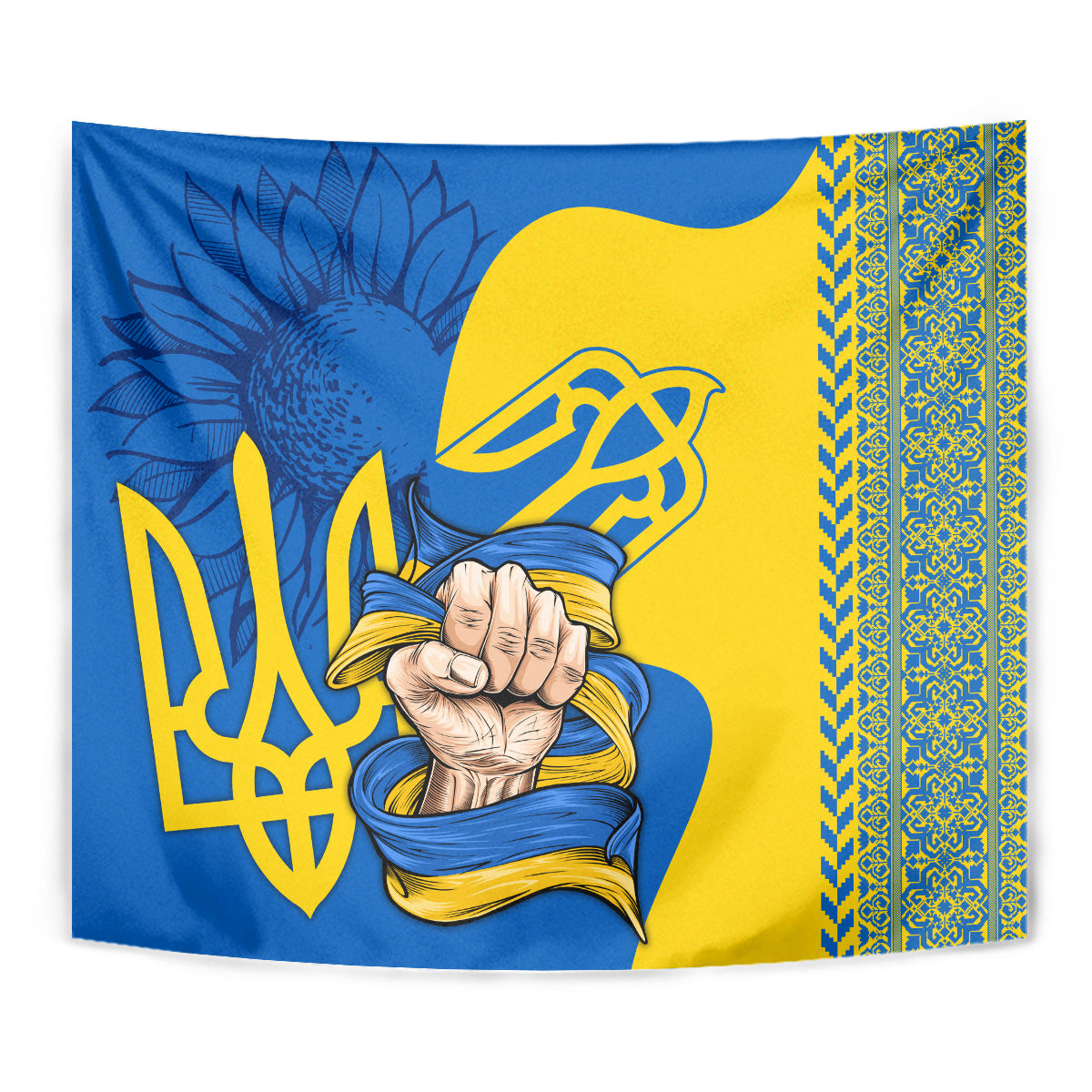 Close-up of blue and gold Ukrainian folk tapestry with trident emblem and floral burst
