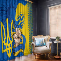 Personalized window curtain in blue and gold with praying hands artwork and trident