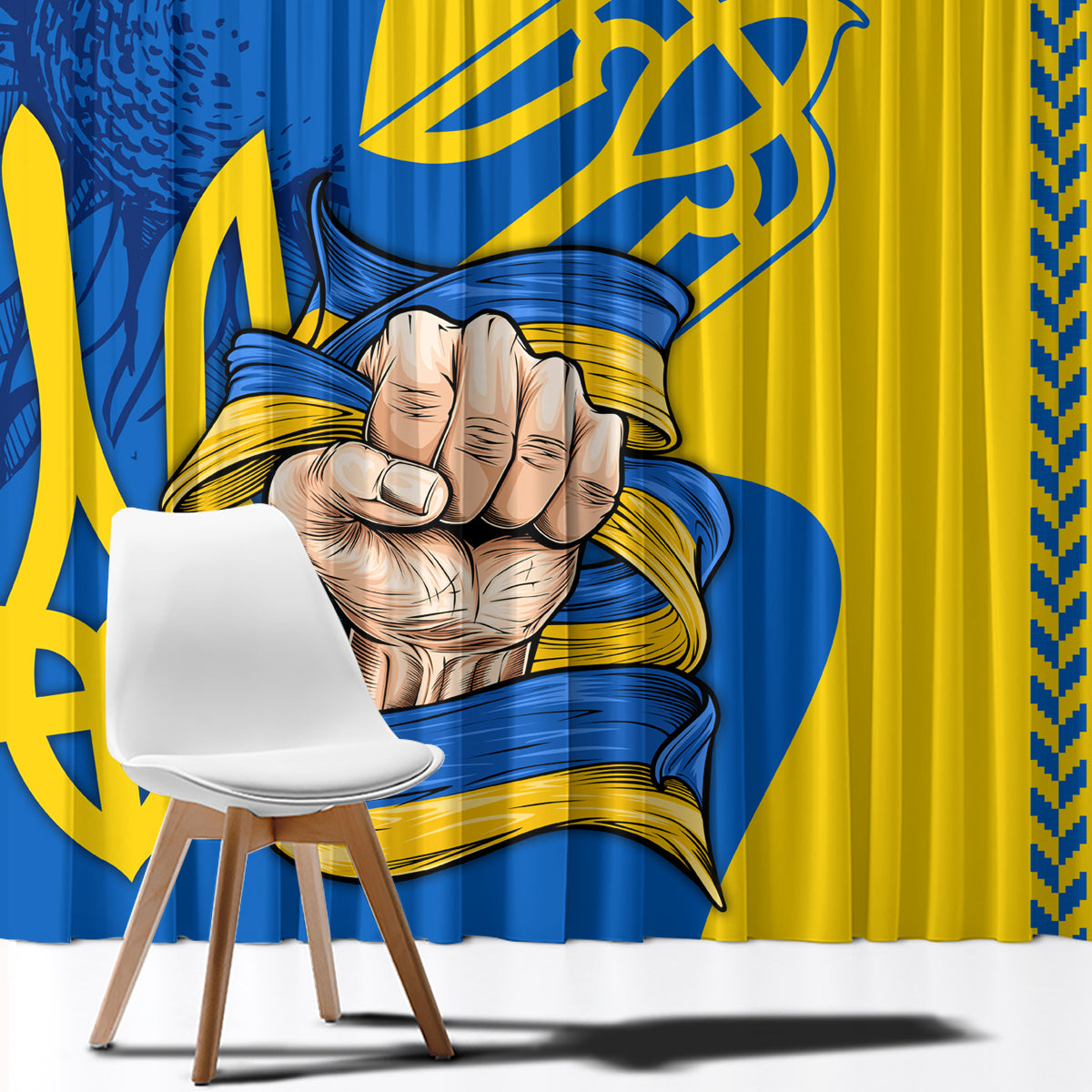 Personalized window curtain close-up with praying hands in blue and gold print