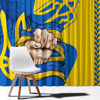 Personalized window curtain close-up with praying hands in blue and gold print
