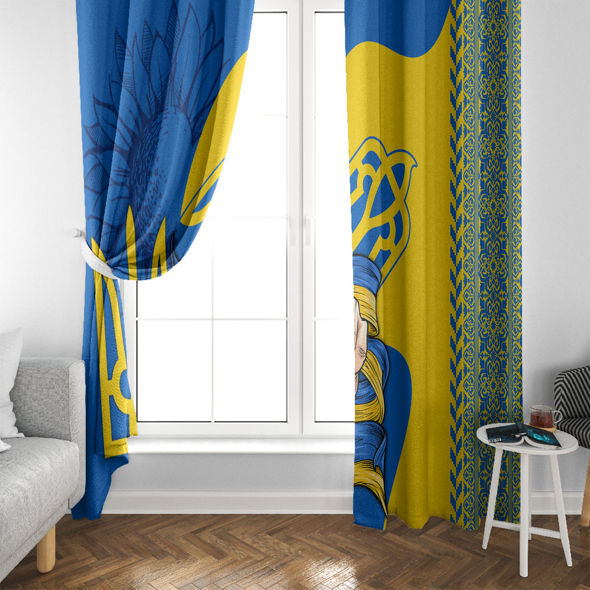 Personalized window curtain panels in blue, yellow, and gold with trident and patterned trim