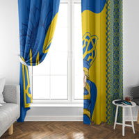 Personalized window curtain panels in blue, yellow, and gold with trident and patterned trim