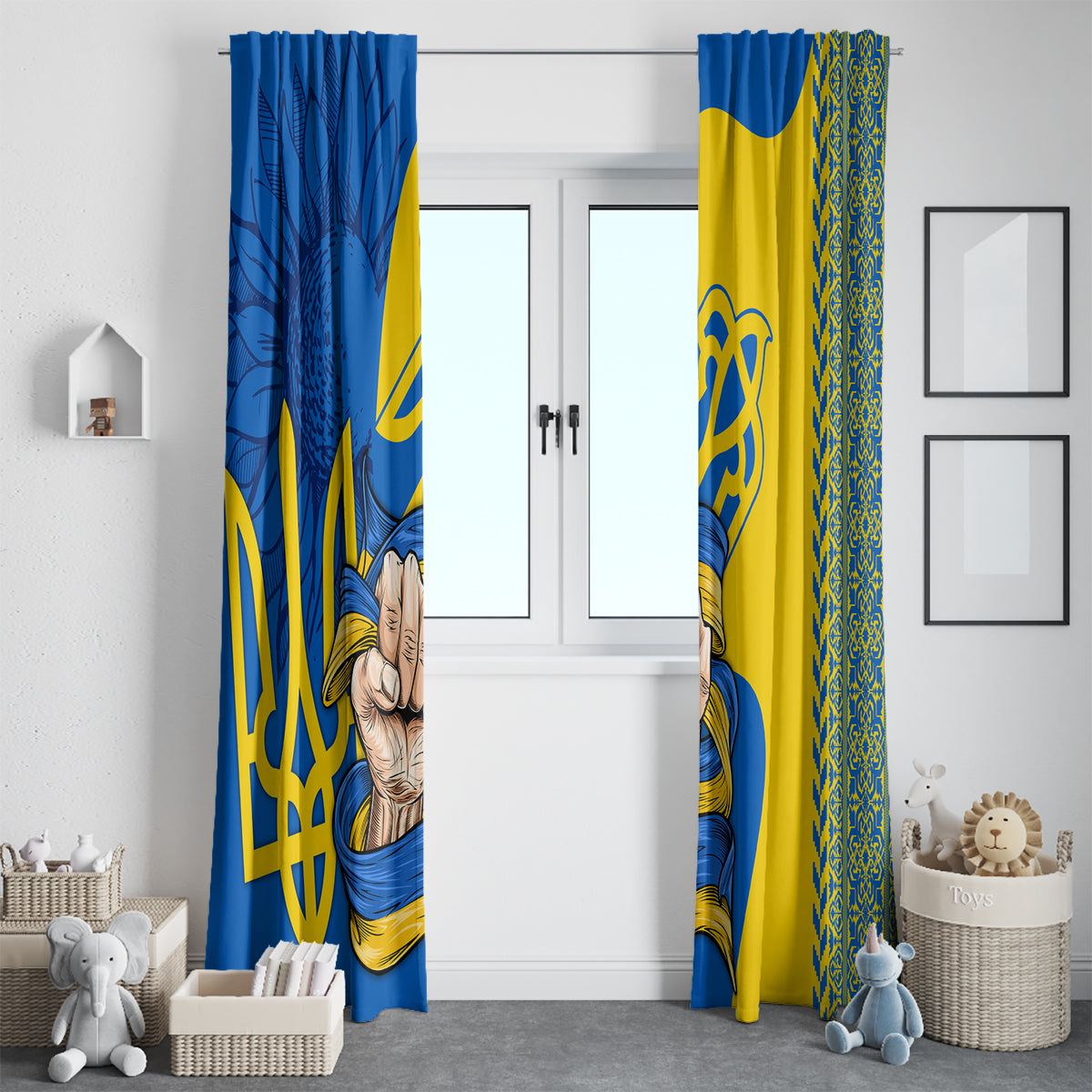 Personalized window curtain set with blue and yellow folk art prints and ornate border