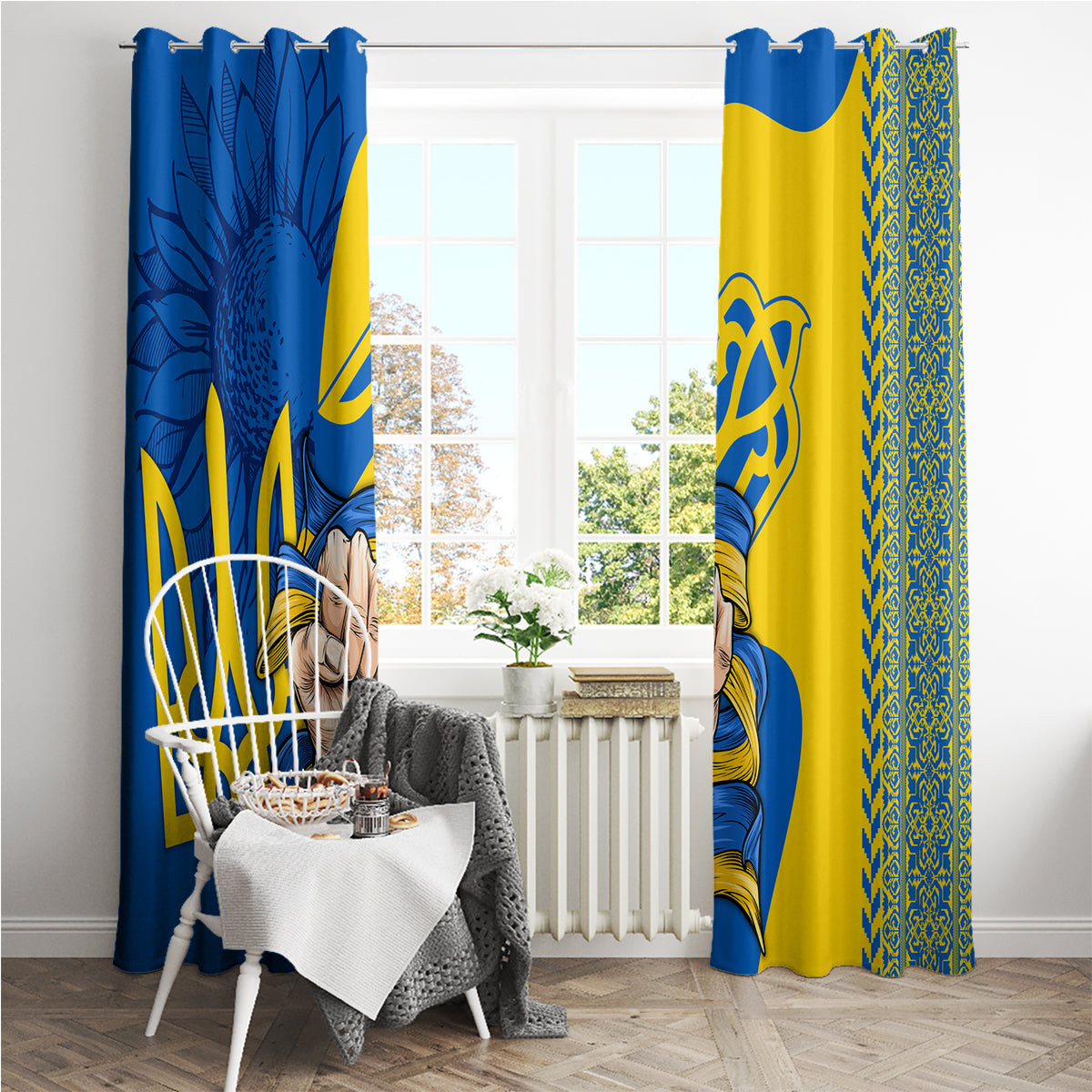 Personalized window curtain panels hanging by top tabs, featuring blue and gold folk design