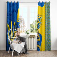 Personalized window curtain panels hanging by top tabs, featuring blue and gold folk design