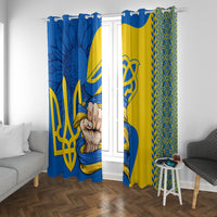 Personalized window curtain panels with blue, yellow, and gold trident motif and border