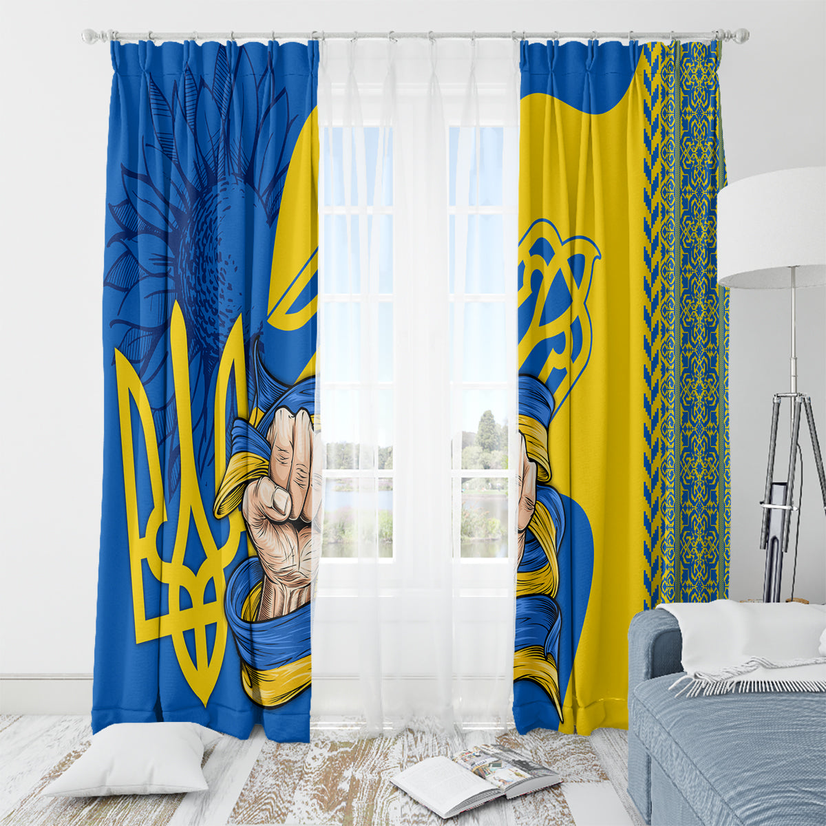 Personalized window curtain with blue and yellow trident print and gold ornate side pattern