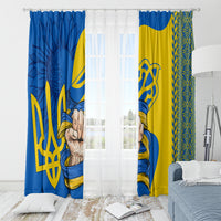 Personalized window curtain with blue and yellow trident print and gold ornate side pattern