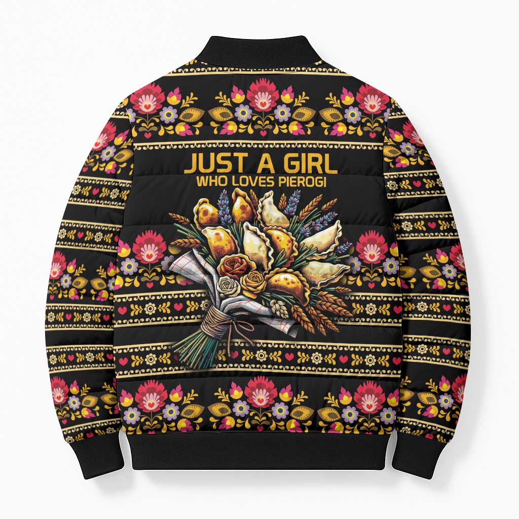 Gold Pierogi Flowers Over Dumplings Bomber Puffer Jacket