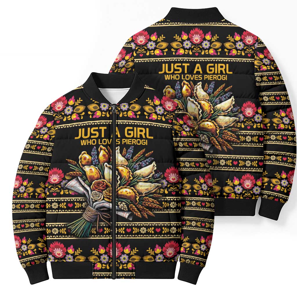 Gold Pierogi Flowers Over Dumplings Bomber Puffer Jacket