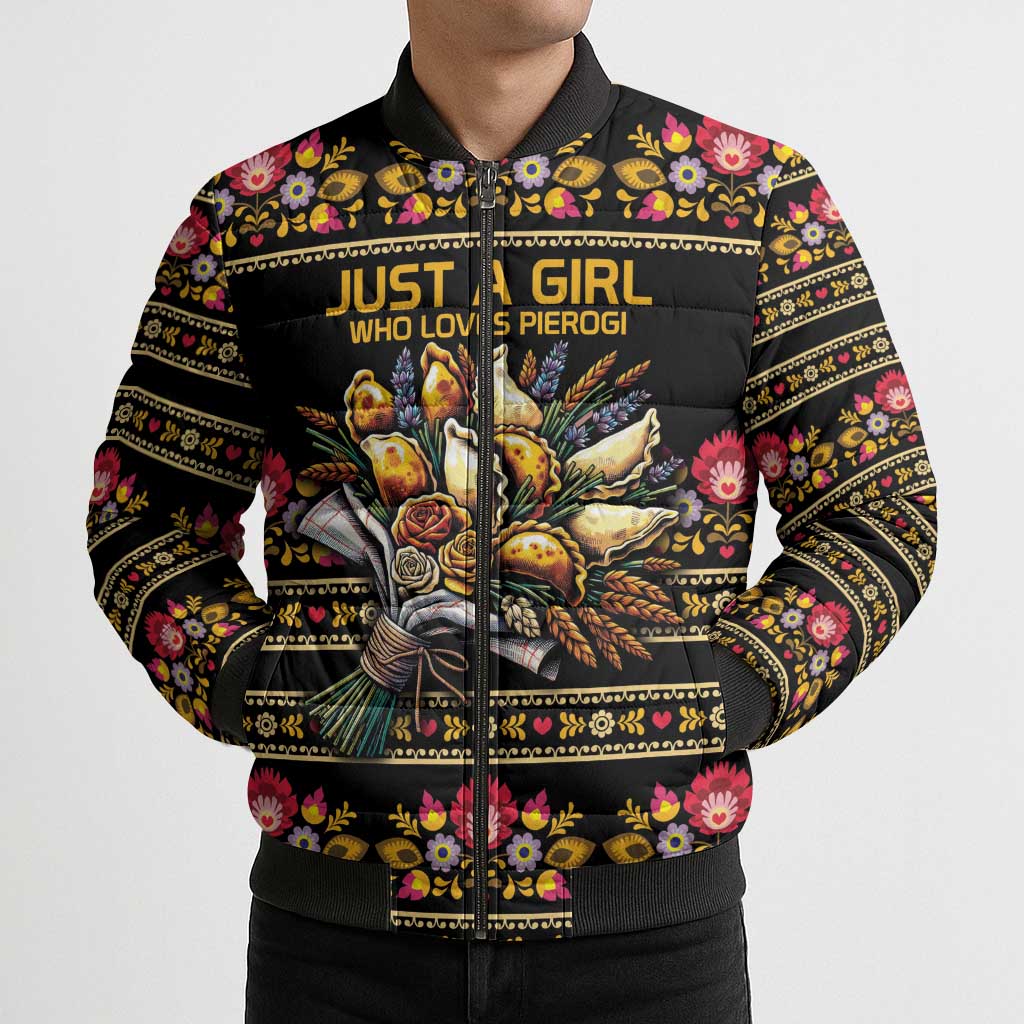 Gold Pierogi Flowers Over Dumplings Bomber Puffer Jacket