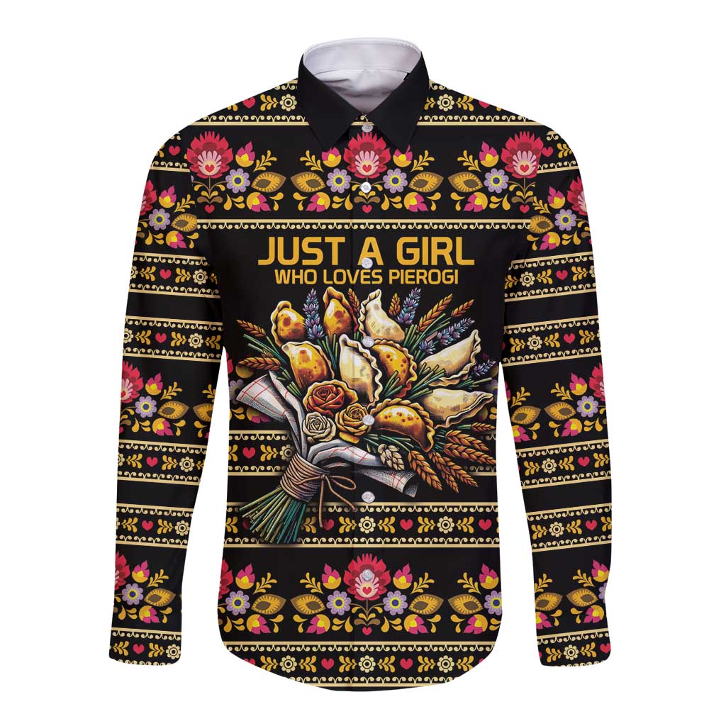 Gold Pierogi Flowers Over Dumplings Long Sleeve Button Shirt