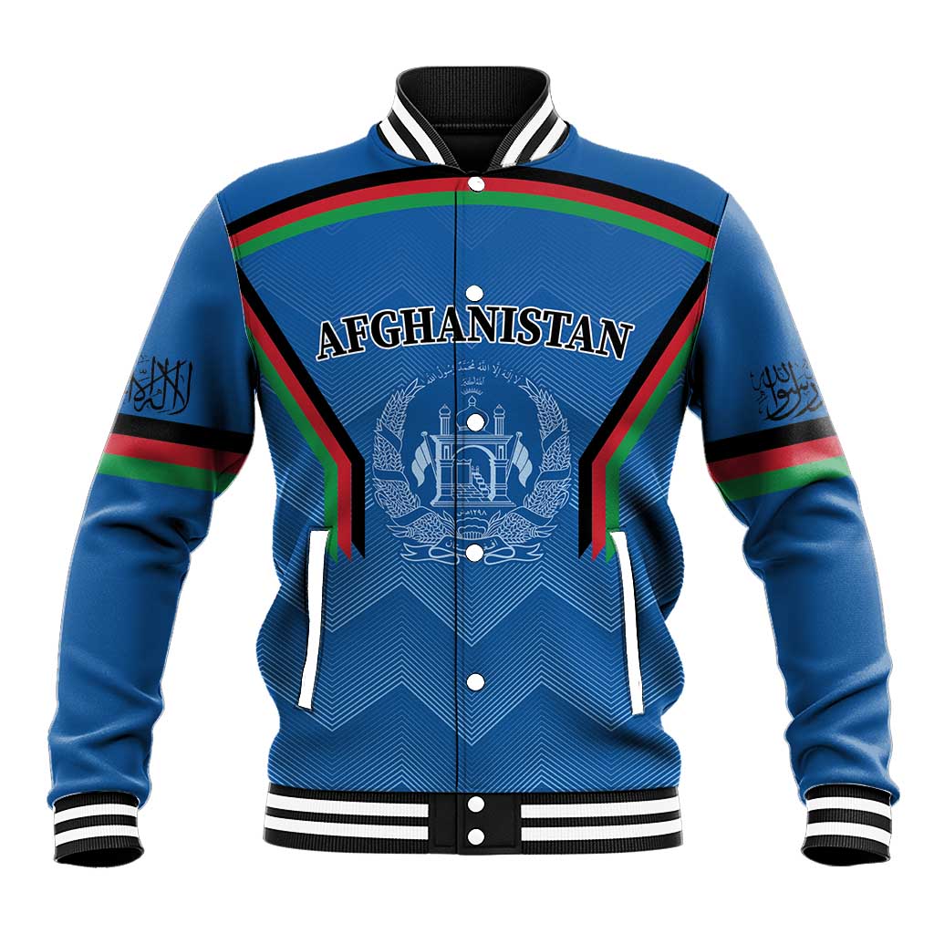 Blue varsity baseball jacket with ribbed collar, black-white stripes, Afghanistan crest front