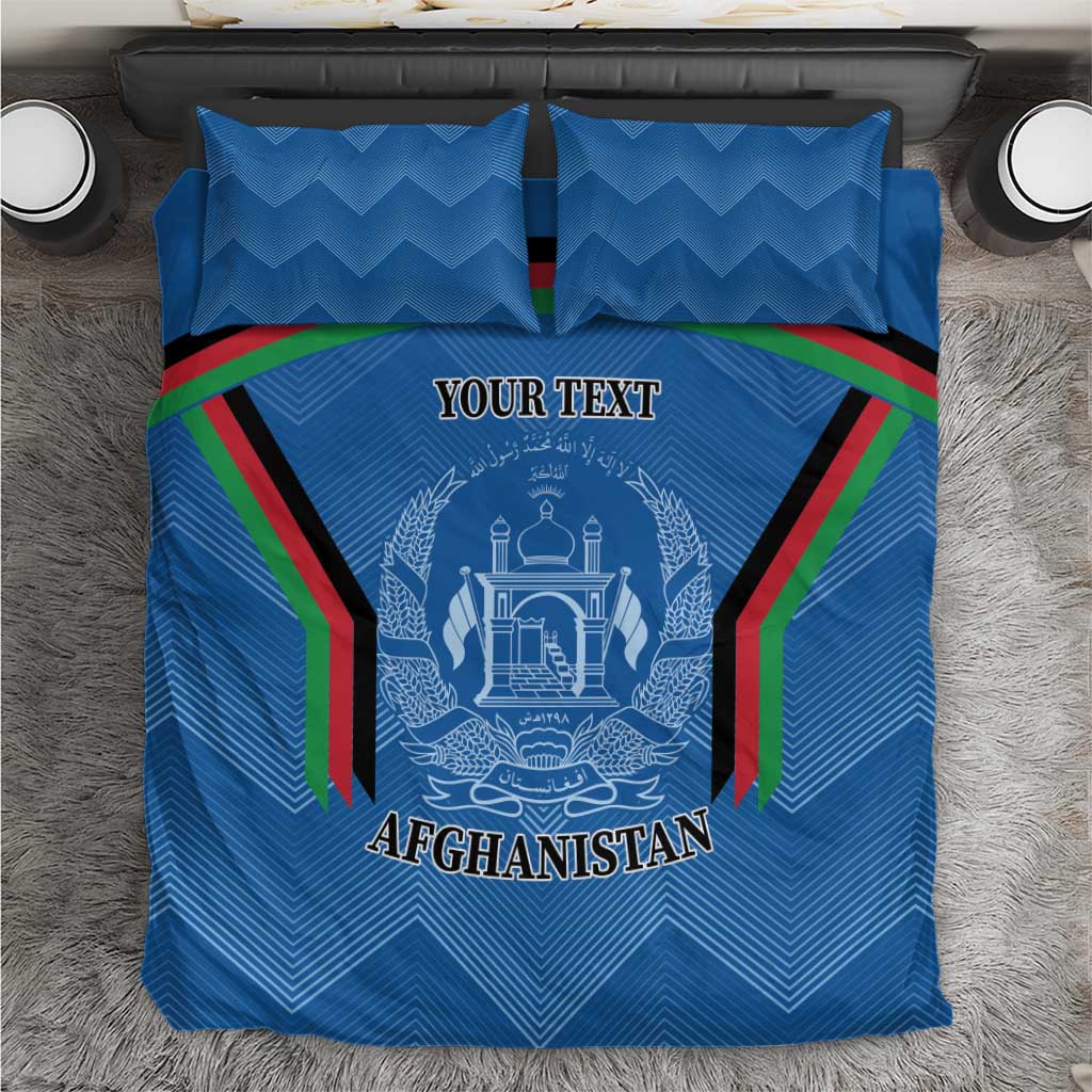 Blue duvet cover with Afghanistan crest, “YOUR TEXT” lettering, and tricolor framing