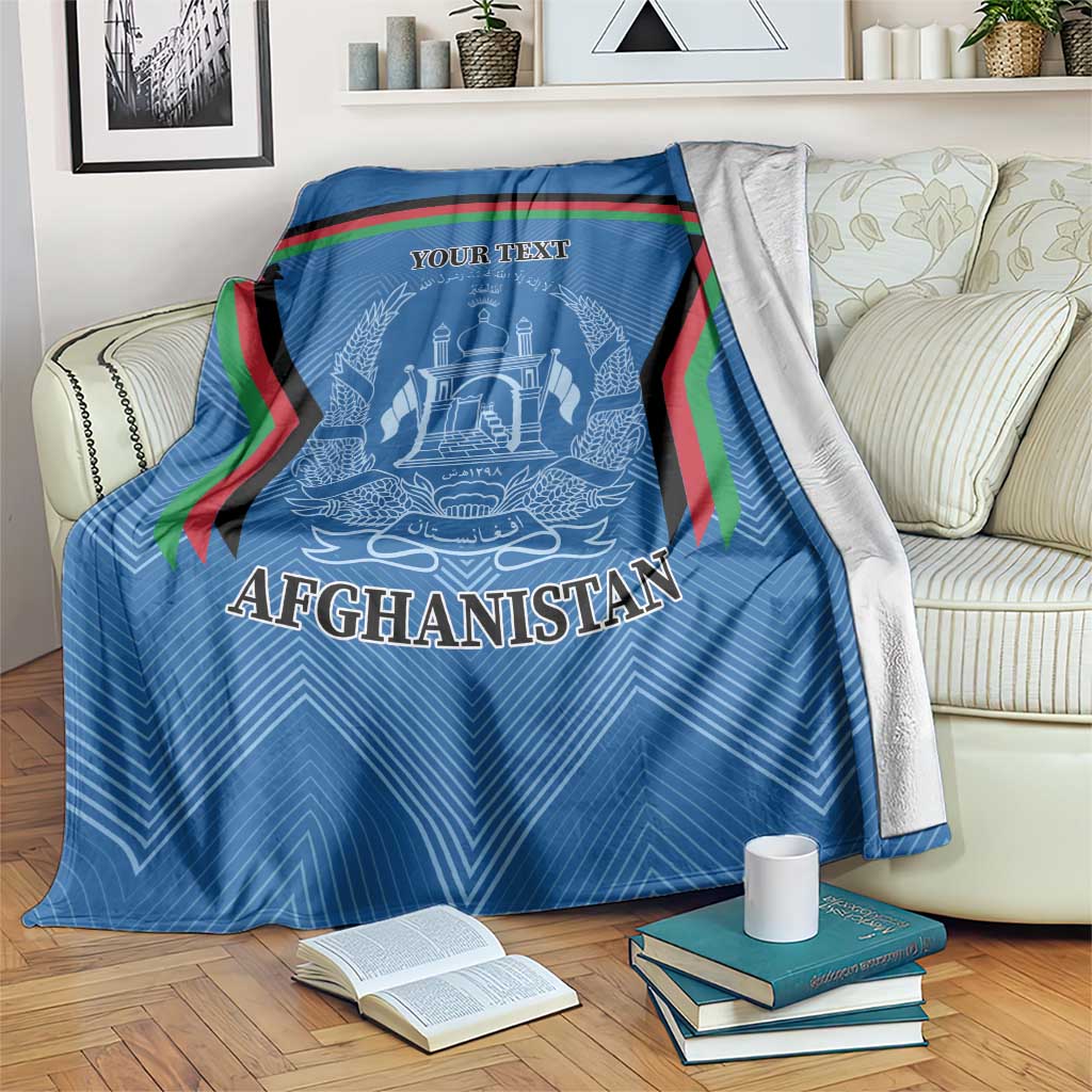 Blue Afghanistan-themed blanket with crest, “YOUR TEXT,” and tricolor border stripes
