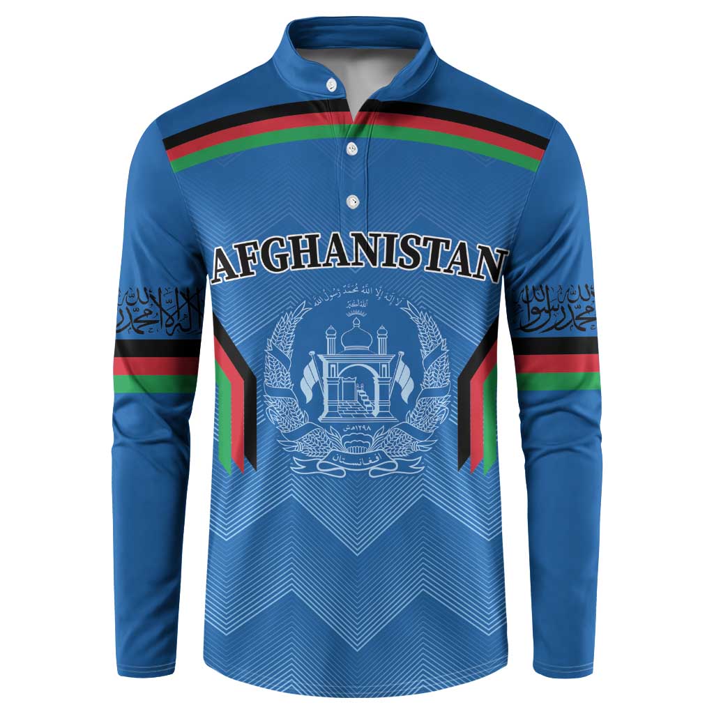 Blue long-sleeve button shirt, front shows AFGHANISTAN and Afghan crest with sleeve bands