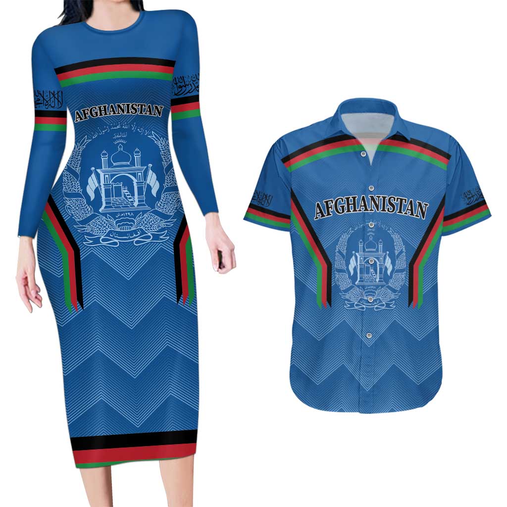 Custom Afghanistan Cricket Couples Matching Long Sleeve Bodycon Dress and Hawaiian Shirt Afghan Coat Of Arm with Special Flag LT9 - Wonder Print Shop