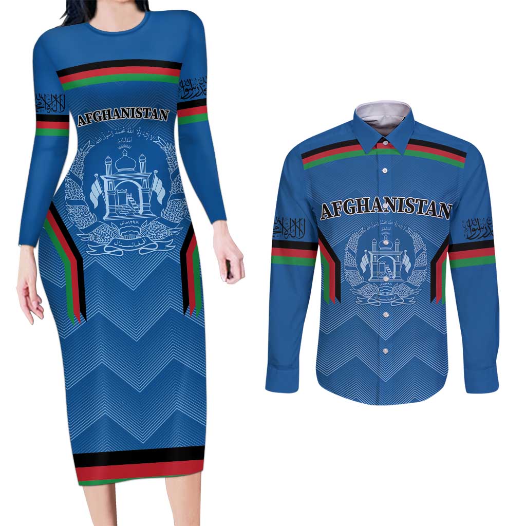 Custom Afghanistan Cricket Couples Matching Long Sleeve Bodycon Dress and Long Sleeve Button Shirt Afghan Coat Of Arm with Special Flag LT9 - Wonder Print Shop