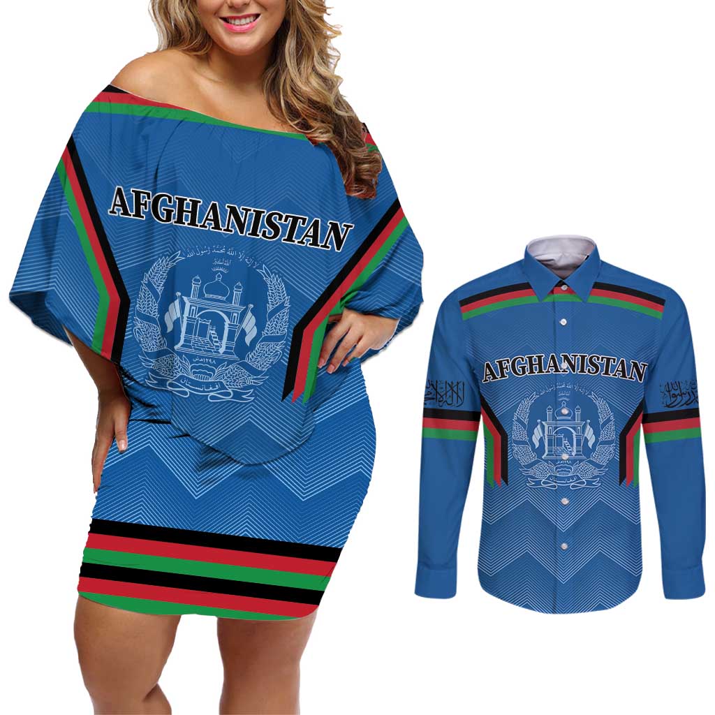 Custom Afghanistan Cricket Couples Matching Off Shoulder Short Dress and Long Sleeve Button Shirt Afghan Coat Of Arm with Special Flag LT9 - Wonder Print Shop