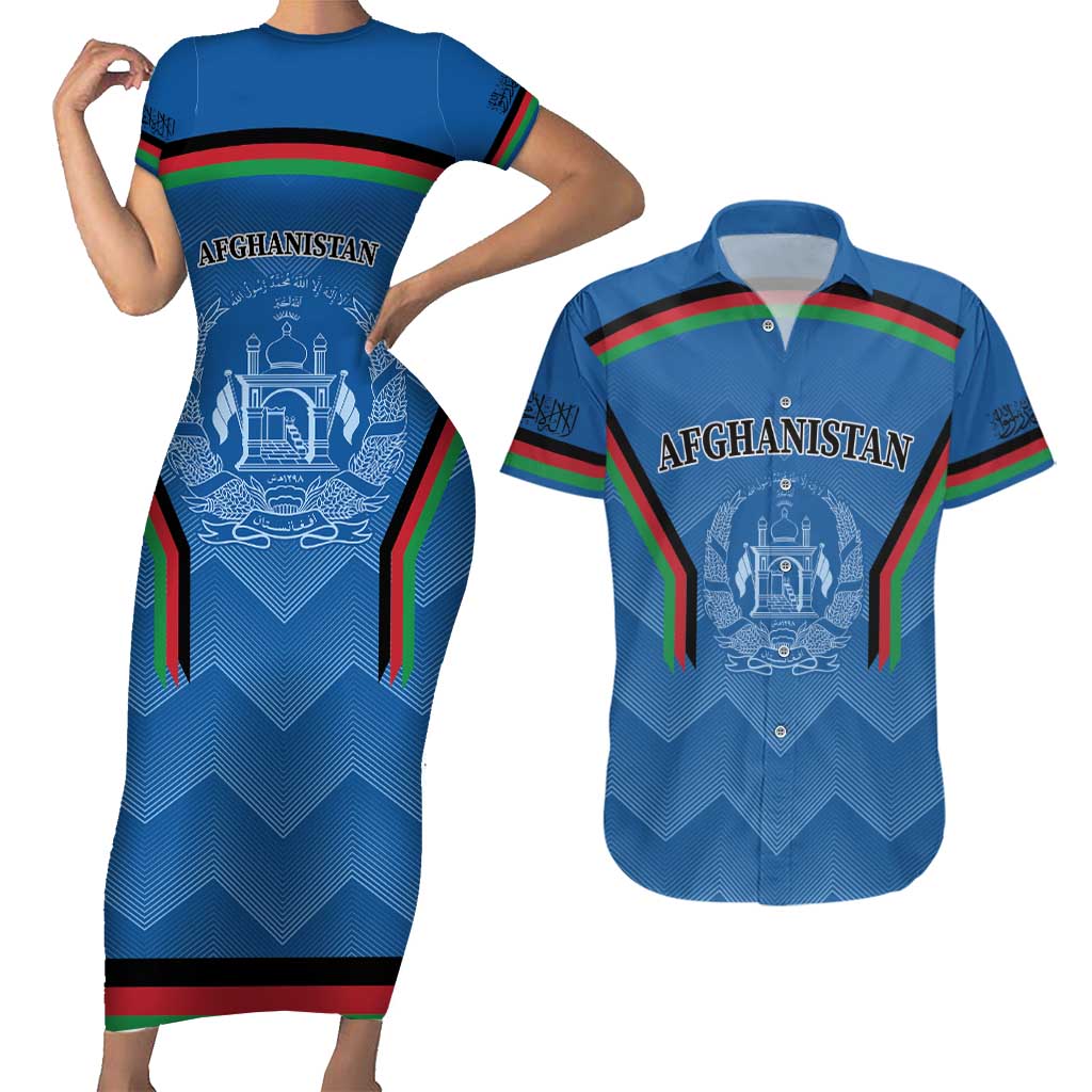 Custom Afghanistan Cricket Couples Matching Short Sleeve Bodycon Dress and Hawaiian Shirt Afghan Coat Of Arm with Special Flag LT9 - Wonder Print Shop