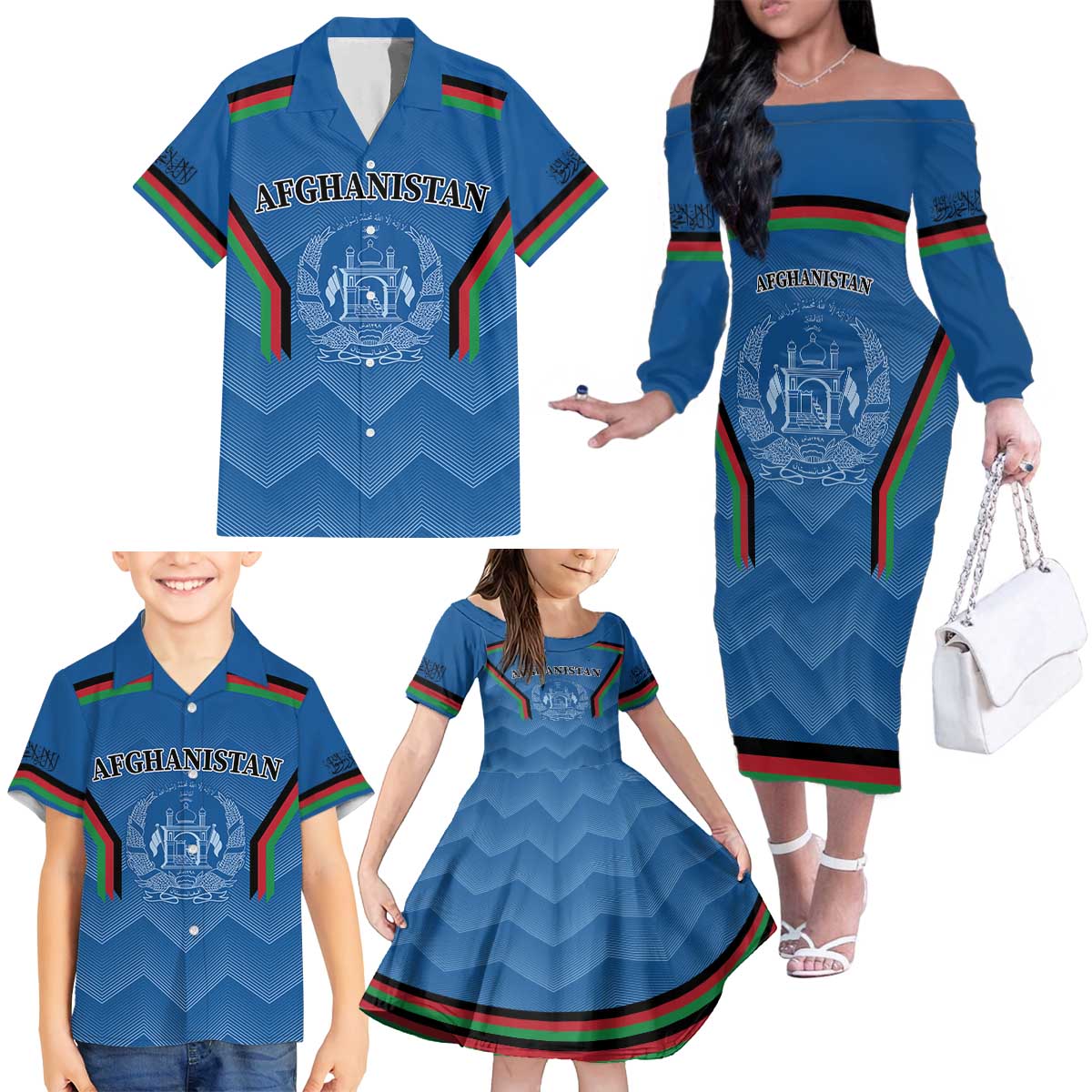 Custom Afghanistan Cricket Family Matching Off The Shoulder Long Sleeve Dress and Hawaiian Shirt Afghan Coat Of Arm with Special Flag - Wonder Print Shop