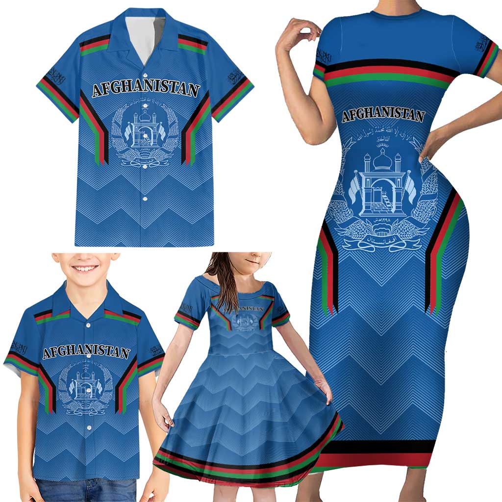 Custom Afghanistan Cricket Family Matching Short Sleeve Bodycon Dress and Hawaiian Shirt Afghan Coat Of Arm with Special Flag - Wonder Print Shop