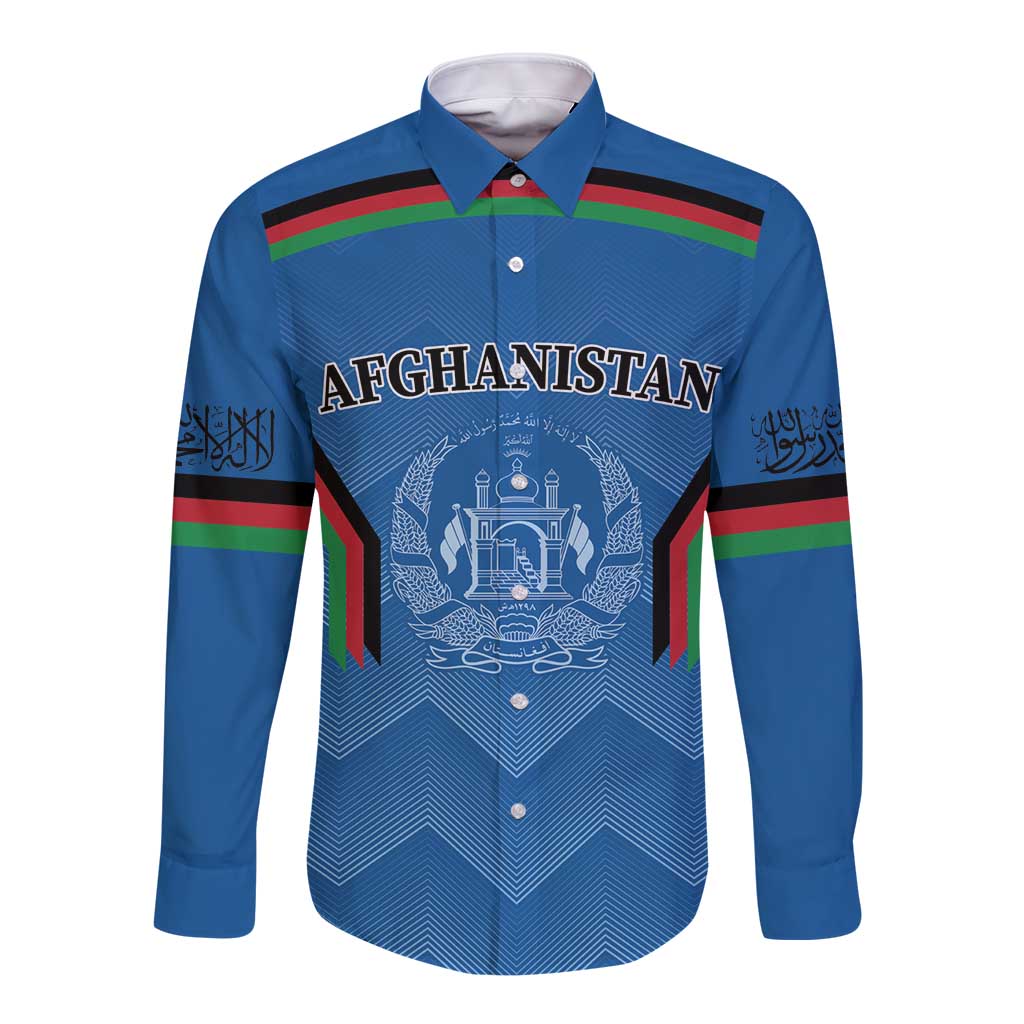 Blue long-sleeve button shirt with Afghanistan crest, chest text, and striped trim