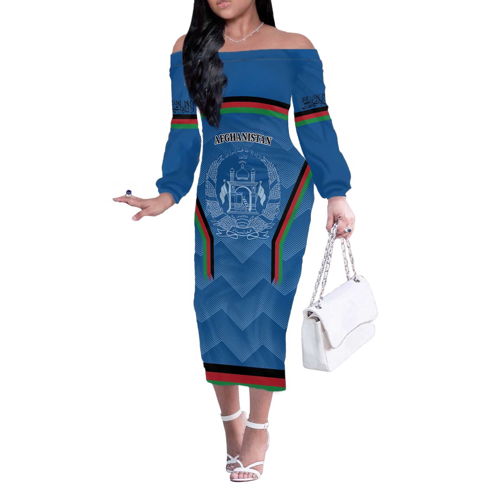 Custom Afghanistan Cricket Off The Shoulder Long Sleeve Dress Afghan Coat Of Arm with Special Flag - Wonder Print Shop