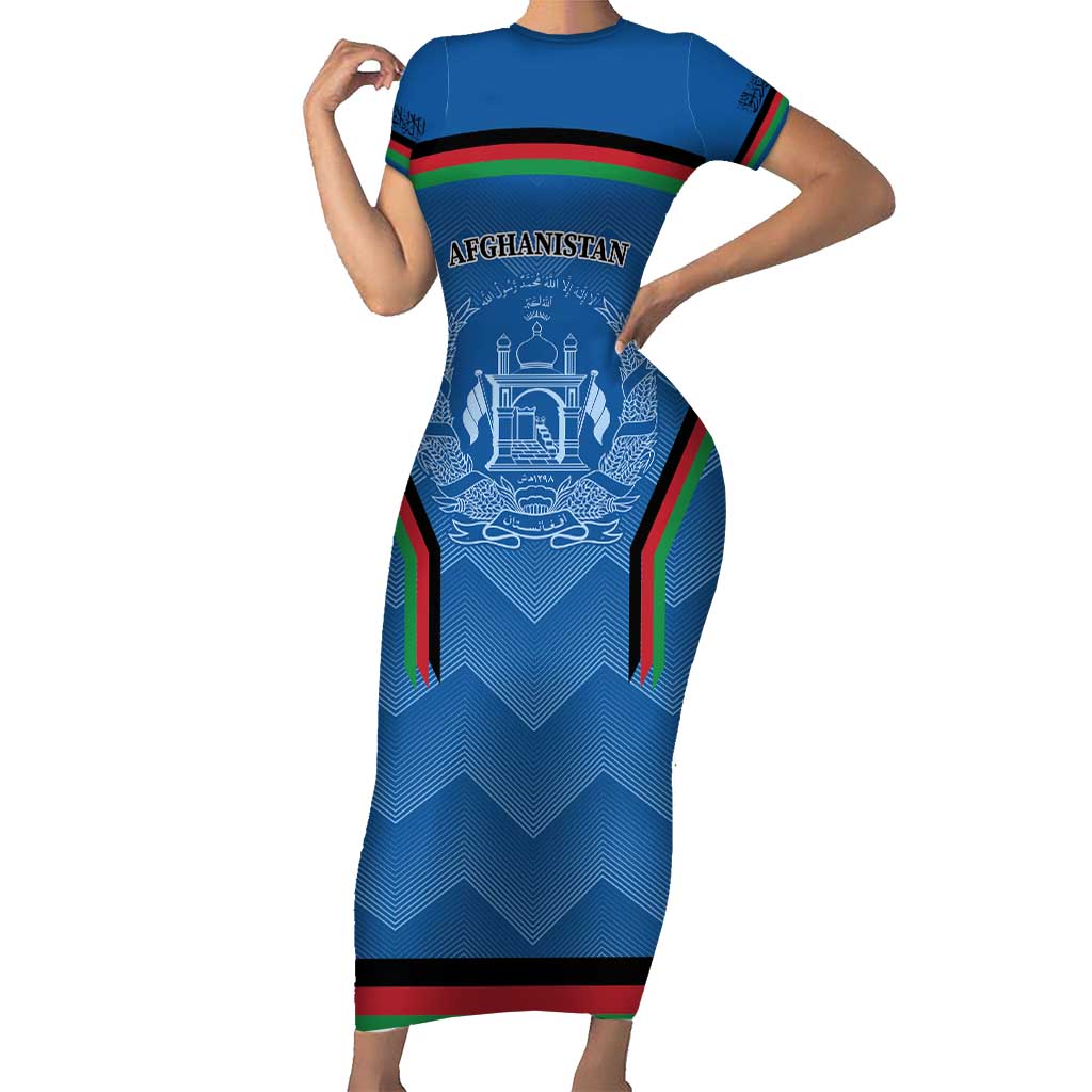 Custom Afghanistan Cricket Short Sleeve Bodycon Dress Afghan Coat Of Arm with Special Flag - Wonder Print Shop