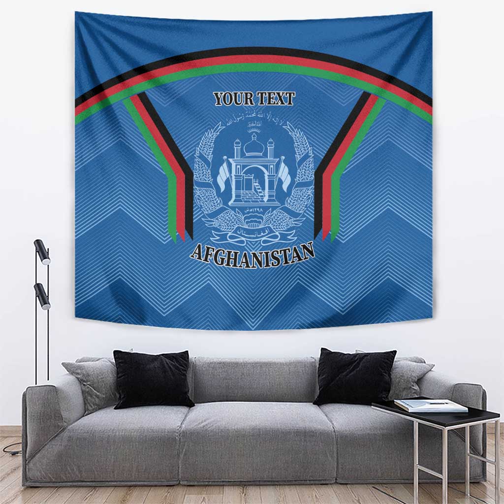 Blue Afghanistan wall tapestry with crest, flag stripes, and Your Text header.