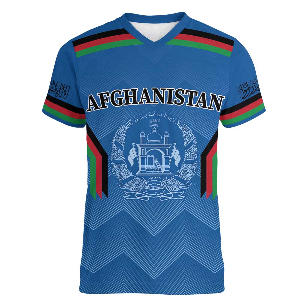 Custom Afghanistan Cricket Women V-Neck T-Shirt Afghan Coat Of Arm with Special Flag - Wonder Print Shop