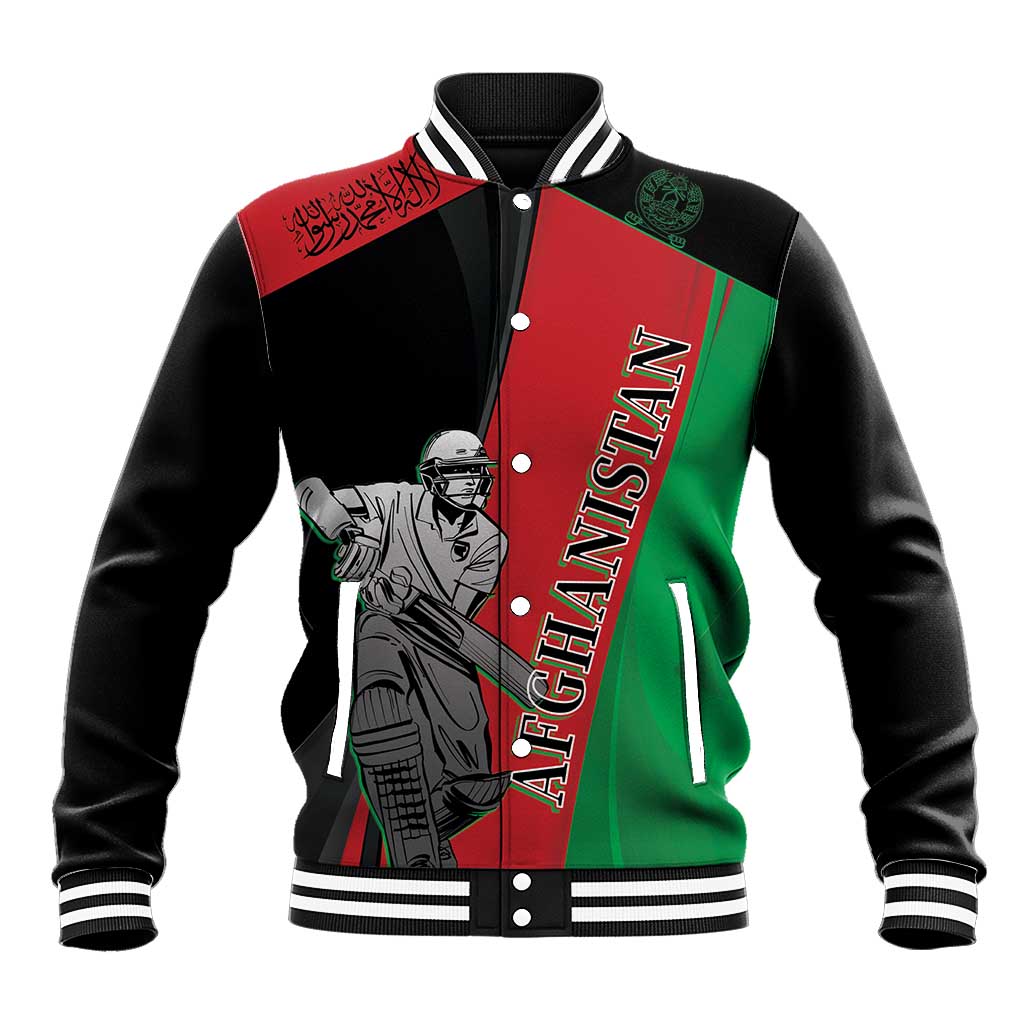 Black baseball jacket with red/green panels, button front, striped collar, AFGHANISTAN print