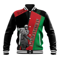 Black baseball jacket with red/green panels, button front, striped collar, AFGHANISTAN print