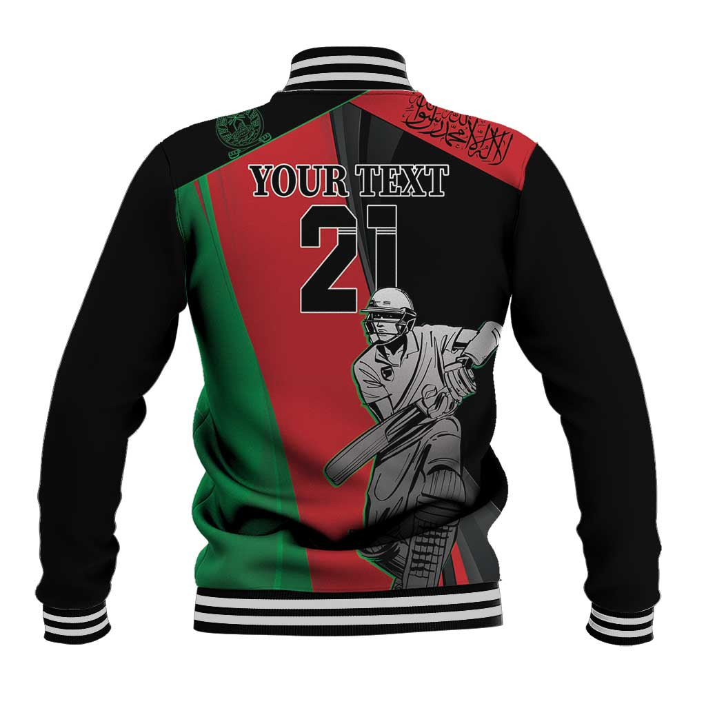 Black baseball jacket back with green/red panel, YOUR TEXT 2, striped rib collar, mascot graphic