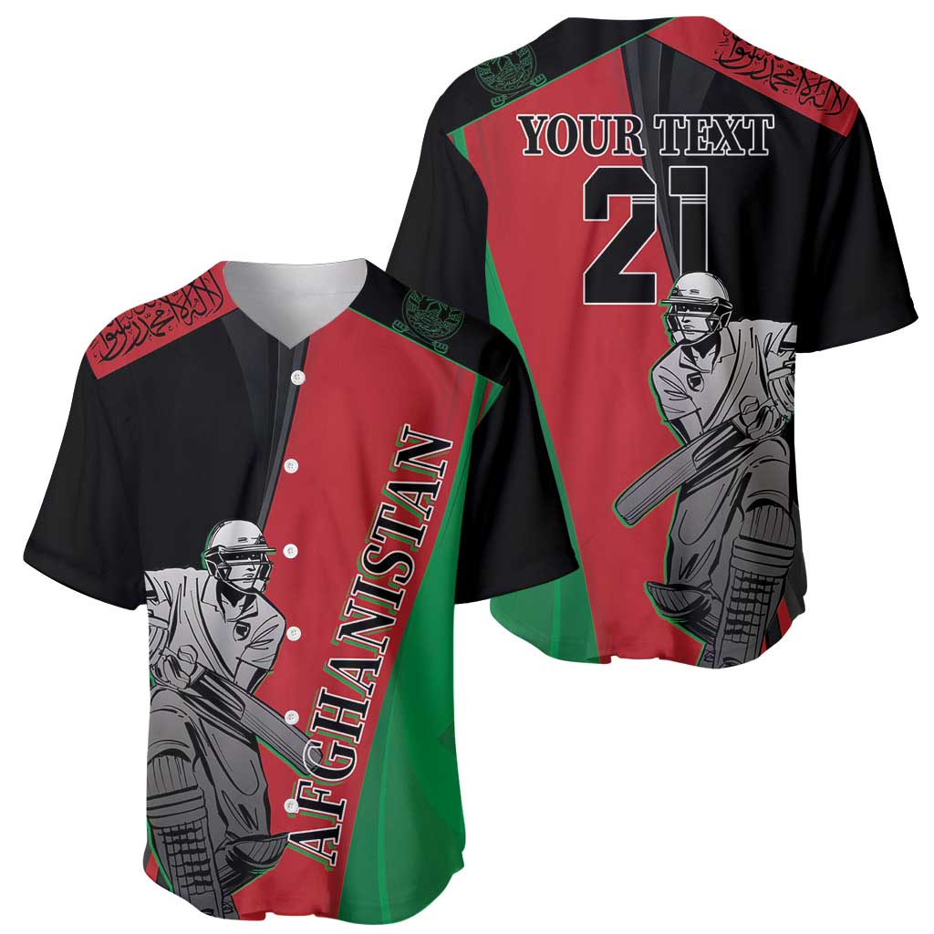 Custom cricket baseball jersey front and back views, AFGHANISTAN with number 2, red/black/green