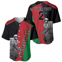 Custom cricket baseball jersey front and back views, AFGHANISTAN with number 2, red/black/green