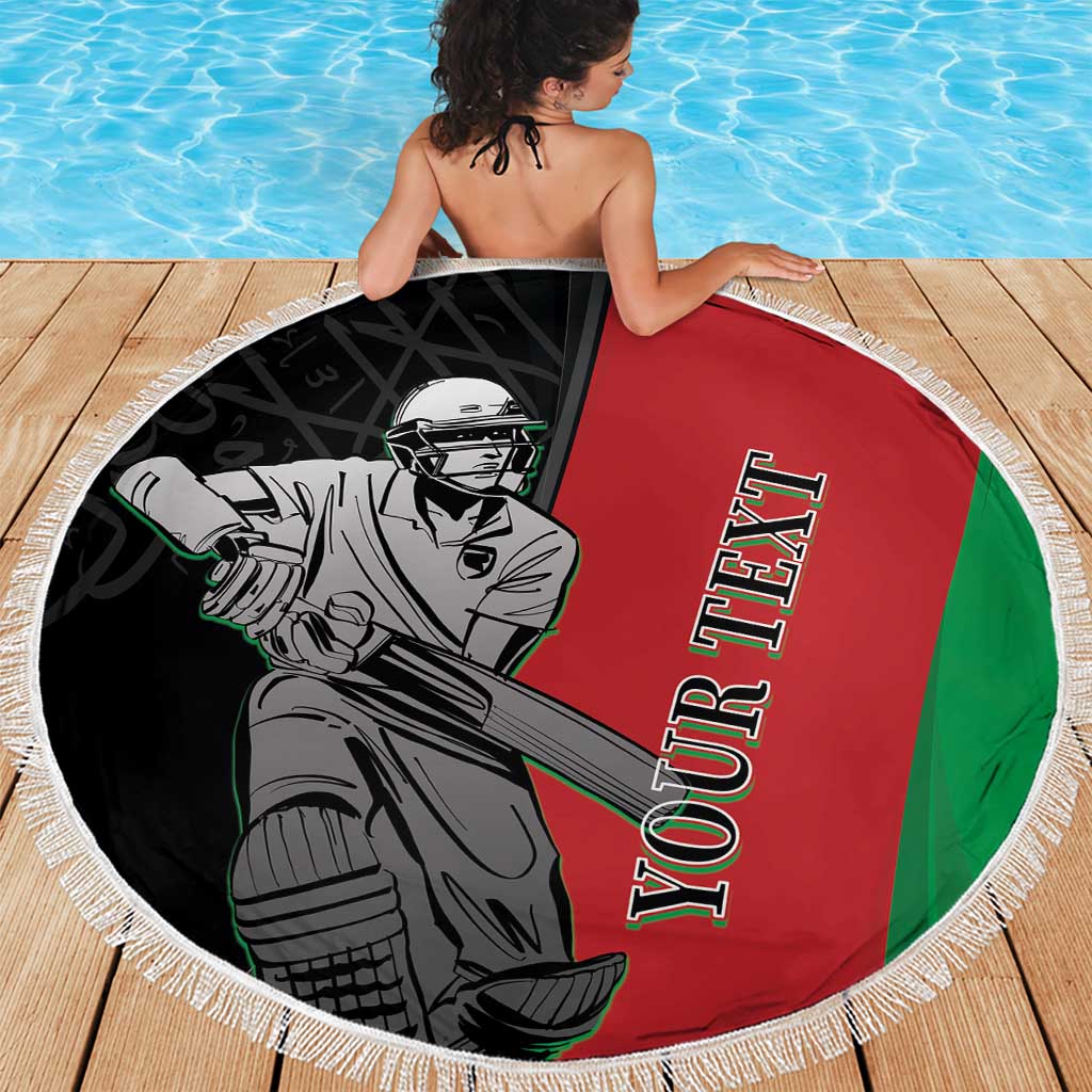 Round fringe beach blanket with cricket player art and Afghanistan text on red, green, black