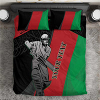 Cricket-themed bedding set with black, red, and green panels and player graphic.