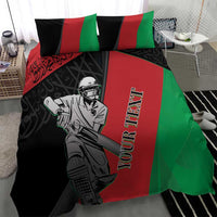 Cricket bedding set featuring a seated player illustration with black, red, and green stripes.