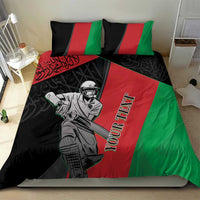Cricket bedding set with black, red, and green geometric panels and printed player art.